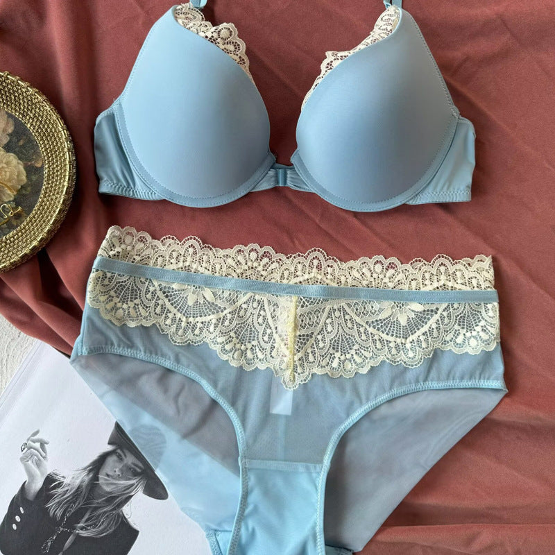 European and American Cross-Border Sexy French Lingerie Women's Front Buckle Beautiful Back Bra Small Chest Push-Up Anti-Sagging Lace Lingerie Set
