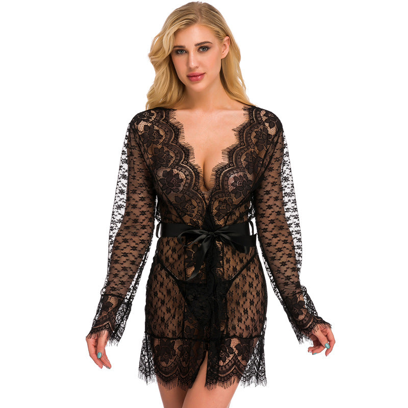 Autumn New Cross-Border Sexy Lingerie Temptation Mesh Nightdress Lace Transparent Women's Long Dress Homewear