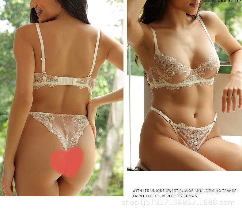 Cross-Border European and American Sexy Lingerie Set Ultra-Thin Lace French Bra Large Bust Minimizer Thong Two-Piece Set