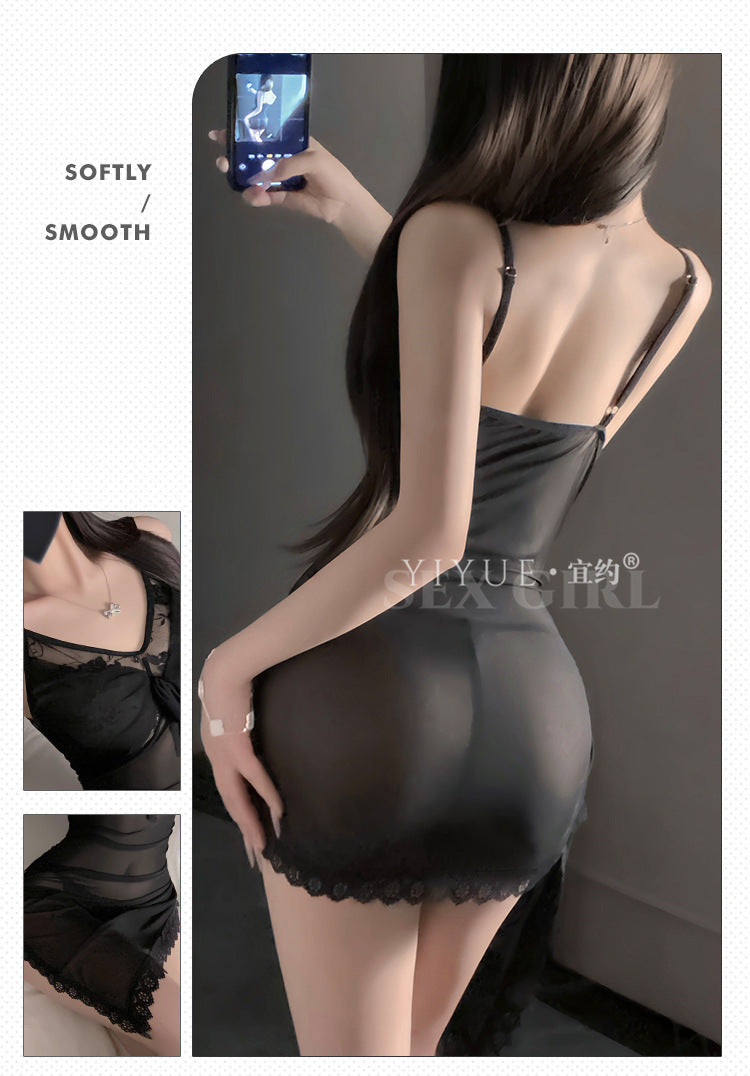 Yiyue Sexy Lingerie Lace Temptation Nightdress Pure Desire Mesh Lace-Up Slim Fit Bodycon No-Remove Sleepwear1236