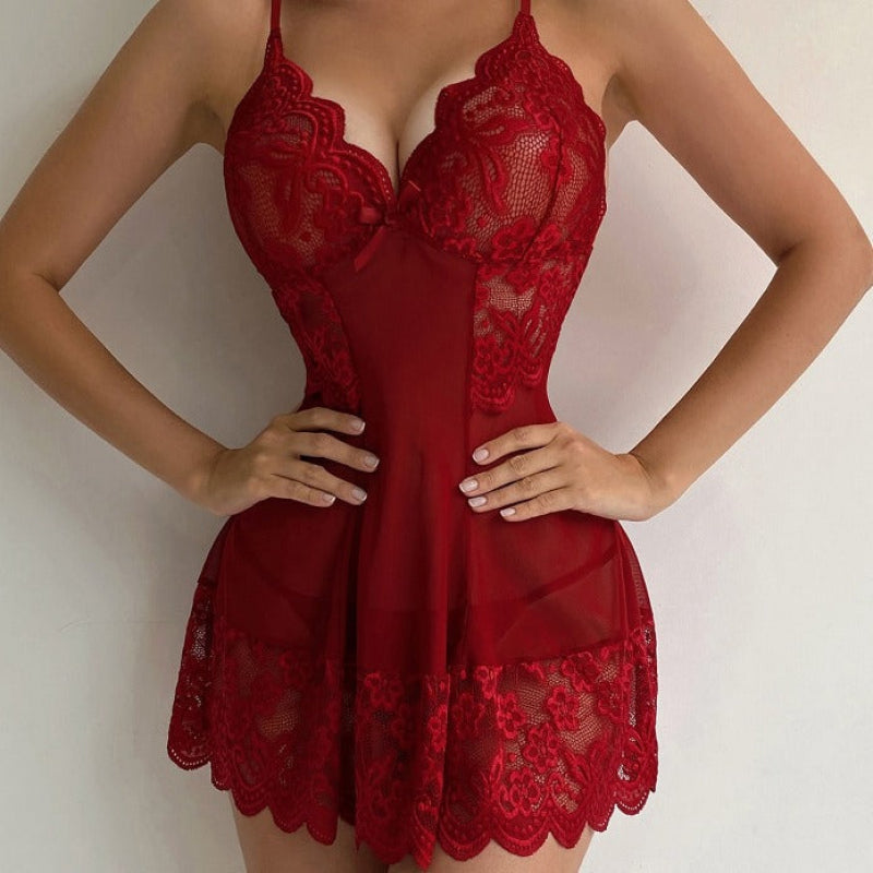 Sexy Sheer Lace Printed Chemise Nightdress Set - Adjustable Spaghetti Straps & Matching G-String