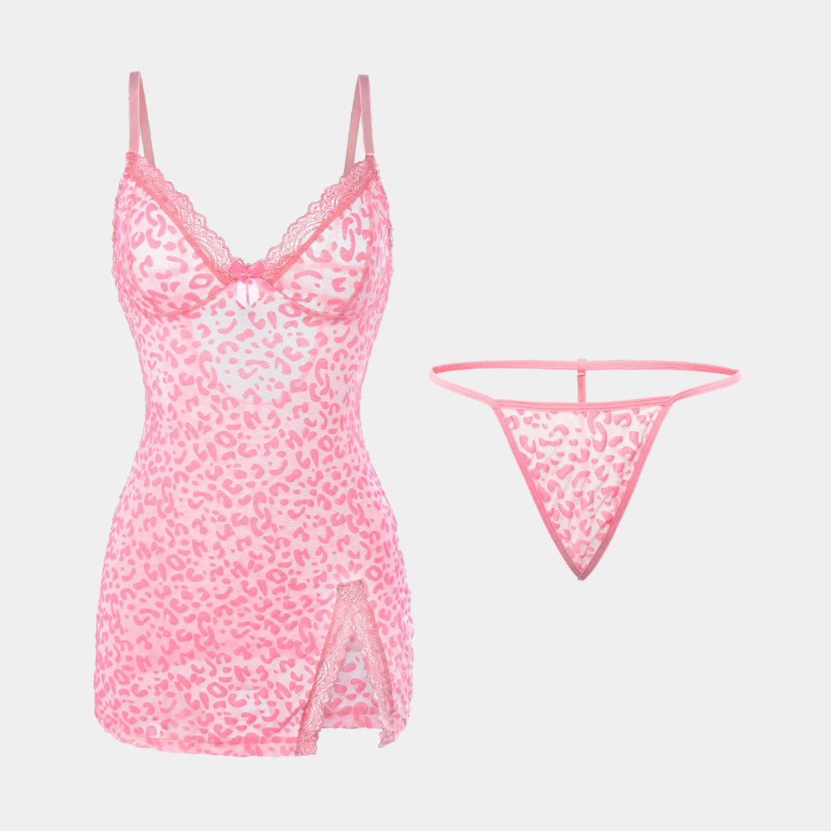 Cross-Border Hot-Selling Sexy Lingerie for Women Pink Leopard Print Thin See-Through Temptation Strap Nightdress Thong Set