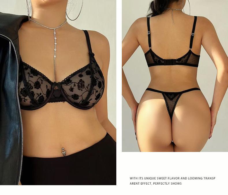 European and American Cross-Border Sexy Lingerie French Ultra-Thin Flocked Printed Mesh Bra Large Bust Minimizer Sexy Lingerie Set