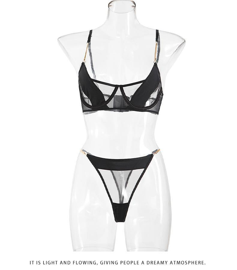 Cross-Border Sexy Lingerie Thin See-Through Mesh French Style Bra Large Bust Minimizer Plus Size Bra and Thong Set
