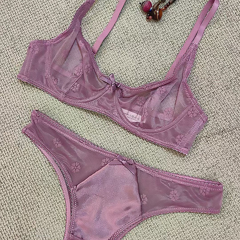 European and American Sexy Lingerie for Women, French Style Ultra-Thin Flocked Embroidered Lace Bra, Minimizing Large Bust, Anti-Sagging, Erotic Lingerie
