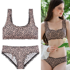 Cross-border foreign trade2025New Leopard Print Thin Bra Summer Insertable Breathable Lift Comfortable Pure Cotton Bra Set