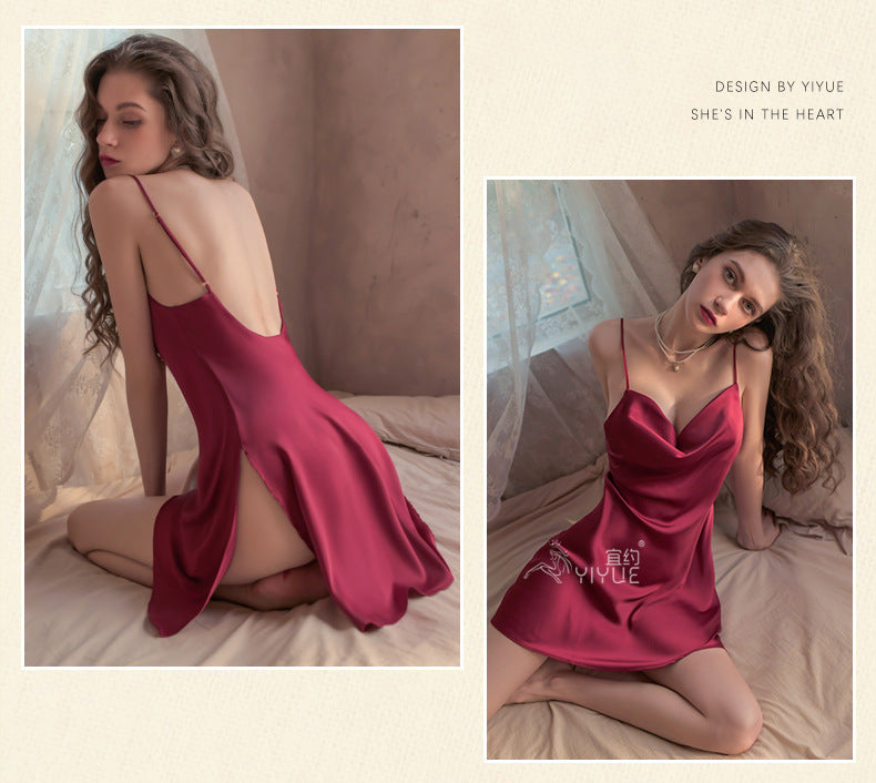 Yiyue New Sexy Nightdress for Women Hollow Out Satin Silky Homewear Erotic Lingerie Hot Strap Nightdress8358