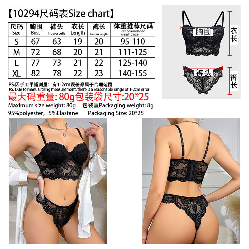 Cross-Border Hot-Selling Pure Desire Style Sexy Lace Hollow Design See-Through Strap Underwire Lightweight Erotic Lingerie Two-Piece Set