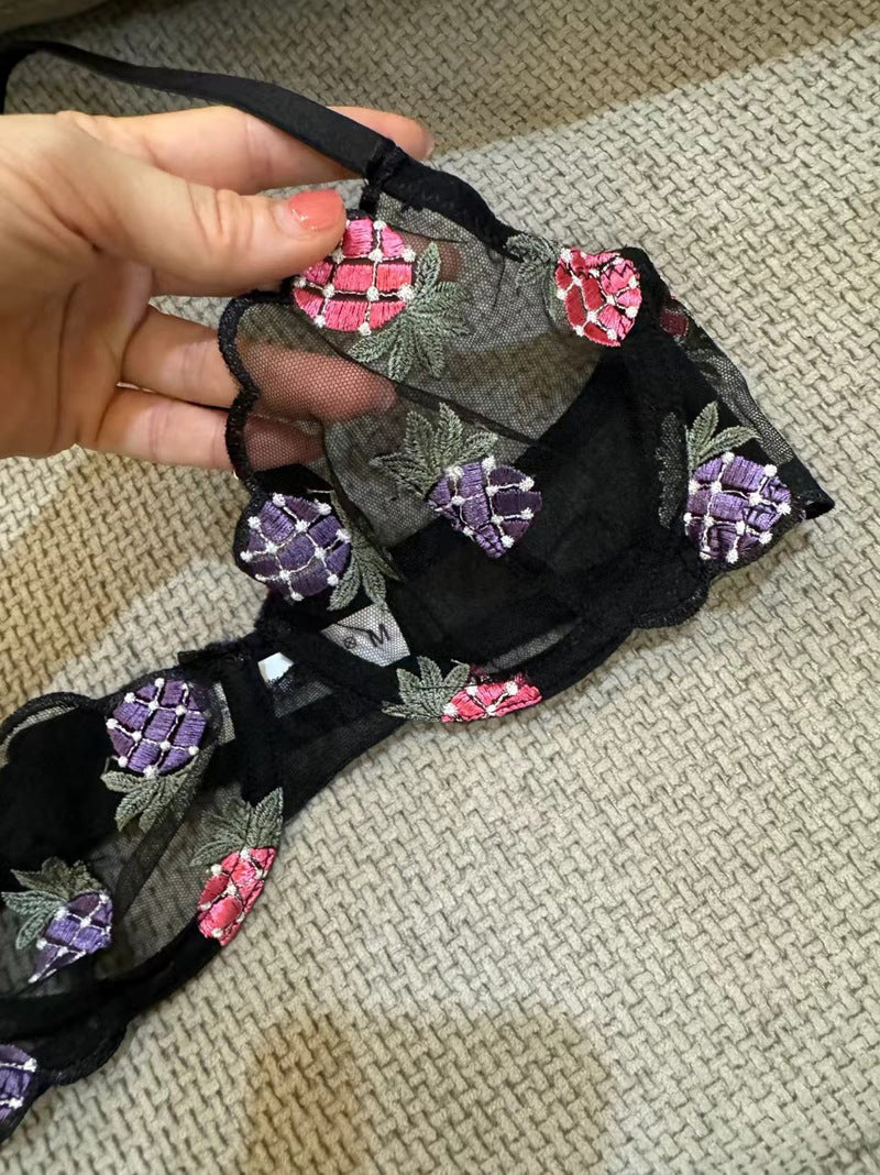 European and American Cross-Border Trade Sexy Bra Ultra-Thin Mesh Pineapple Embroidery Lace Large Bust Minimizer Sexy Lingerie Set