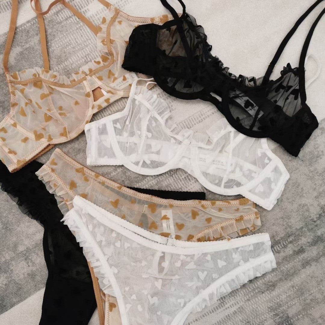 Summer Hot-Selling Cross-Border Sexy Lace Lingerie Big Chest Minimizer See-Through Heart Print Women's Erotic Lingerie Two-Piece Set