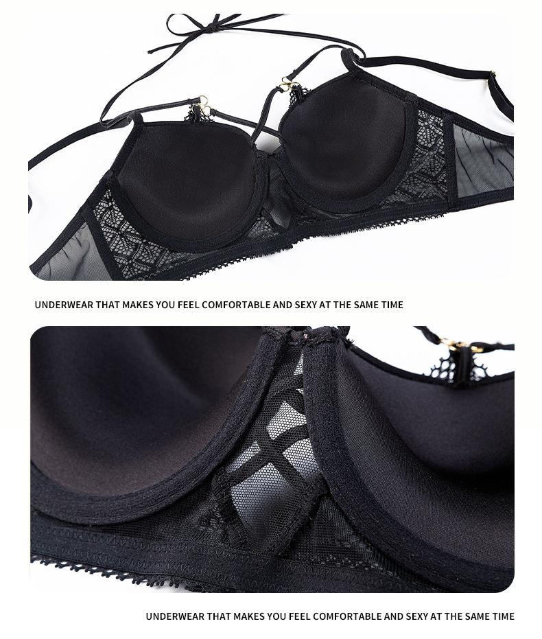 Cross-Border European and American Style French Lingerie Sexy Lace Strap Design Large Bust Push-Up Anti-Sagging Bra Set