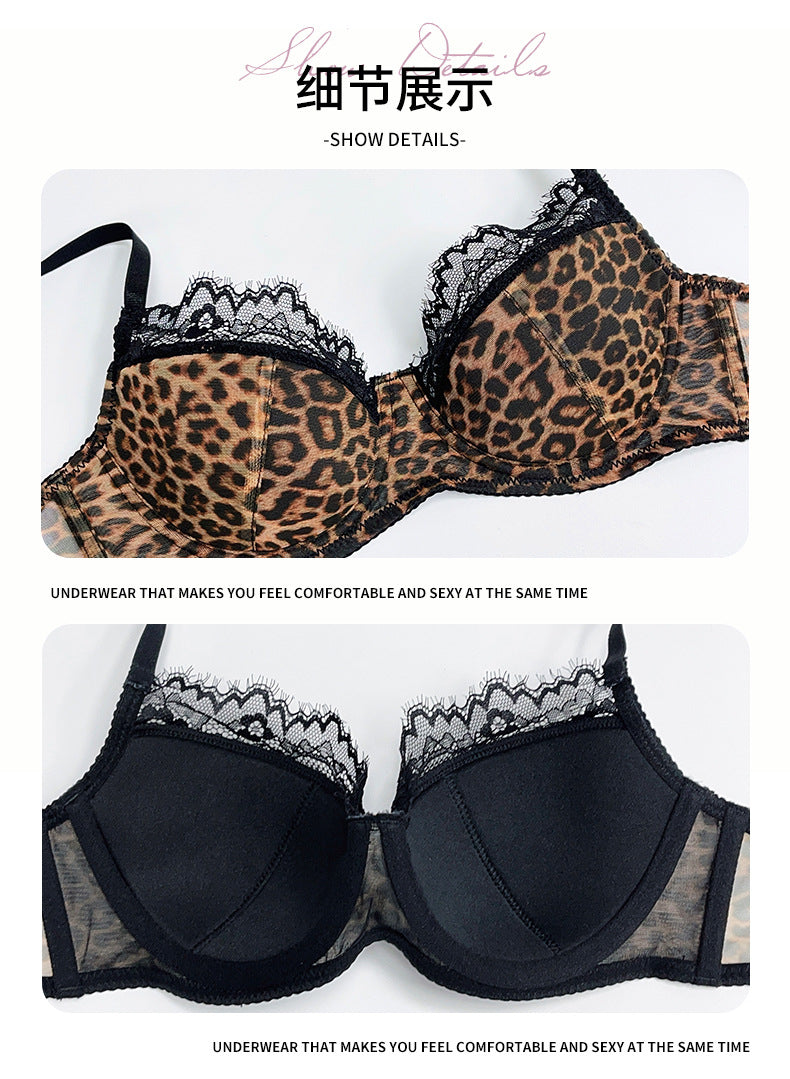 Cross-Border European and American Style Sexy Lingerie for Women Lace Leopard Mesh See-Through Large Bust Minimizer Push-Up Bra Set