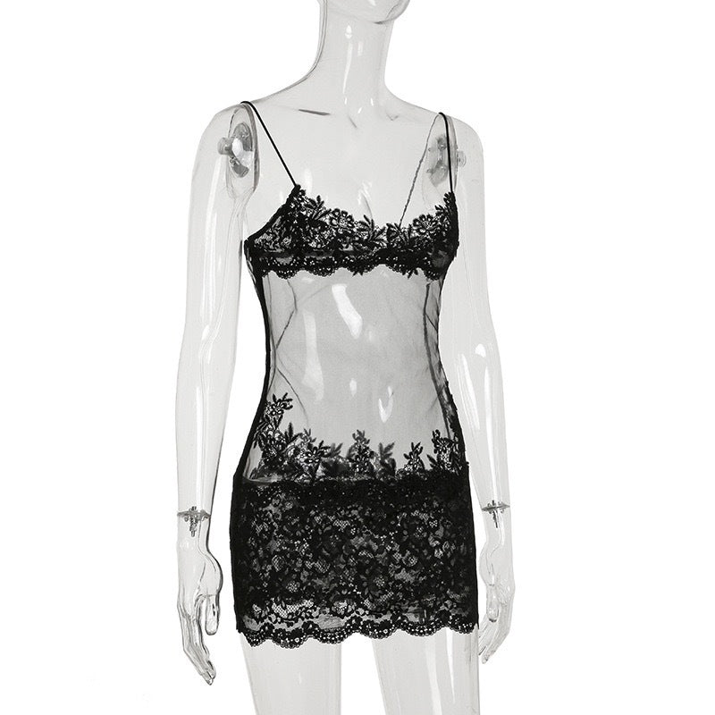European and American Cross-Border Sexy Mesh Lace See-Through Camisole Dress V High Collar Waist Slim Fit Bodycon Skirt Hot Girl Short Skirt