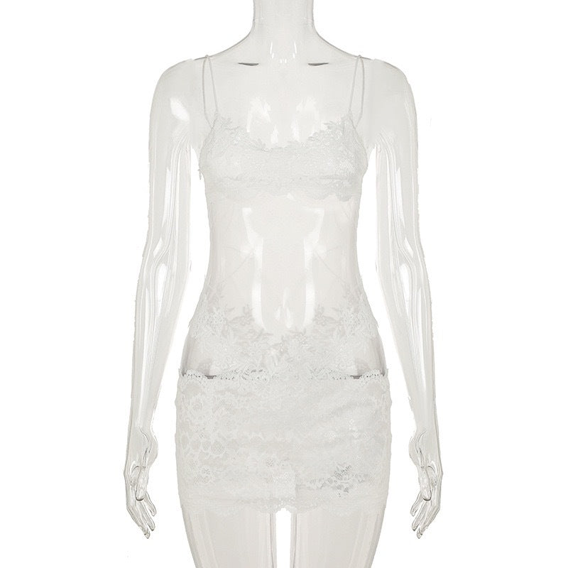 European and American Cross-Border Sexy Mesh Lace See-Through Camisole Dress V High Collar Waist Slim Fit Bodycon Skirt Hot Girl Short Skirt