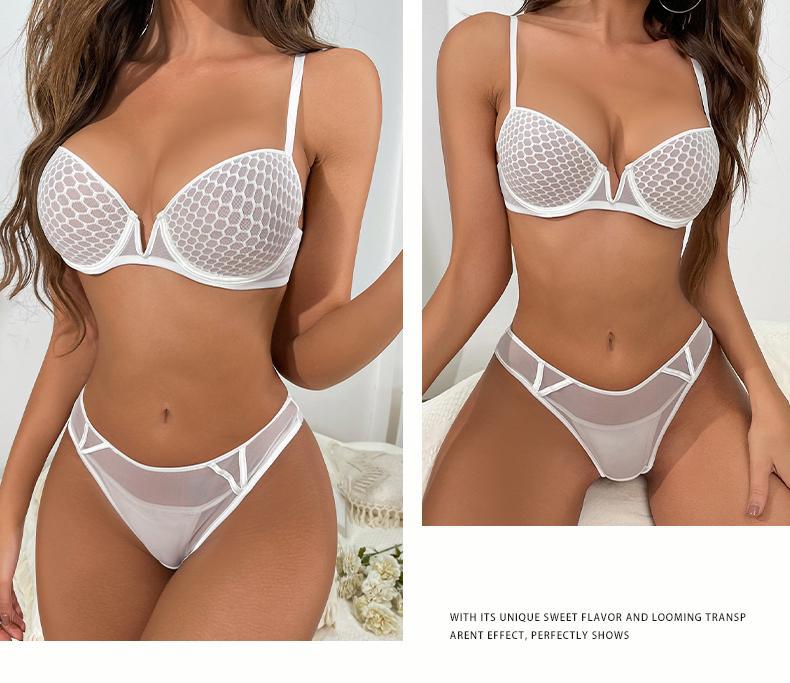 Cross-Border French Lace Lingerie Sexy Honeycomb Pattern Ultra-Thin Soft Underwire Bra Large Bust Minimizer Plus Size Bra Set