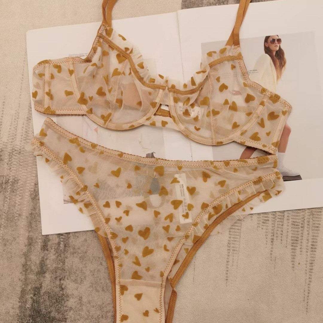 Summer Hot-Selling Cross-Border Sexy Lace Lingerie Big Chest Minimizer See-Through Heart Print Women's Erotic Lingerie Two-Piece Set