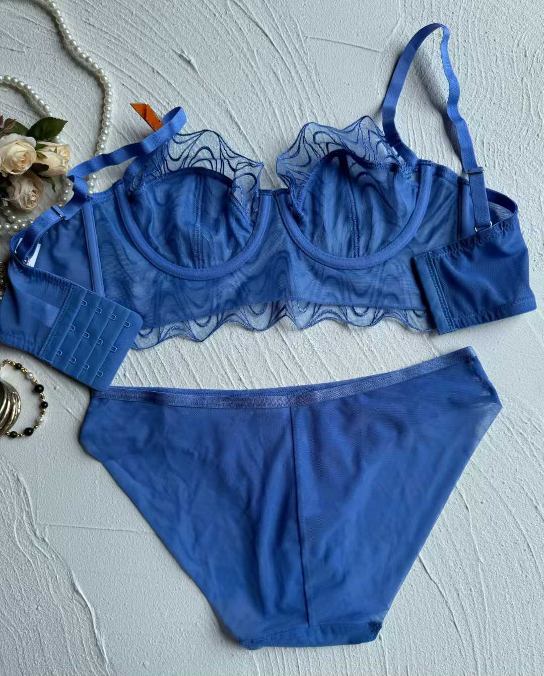 Cross-Border Plus Size Lace Lingerie French Style Pure Desire Sexy Mesh Ultra-Thin Large Bust Minimizer Bra Set Sexy Bra