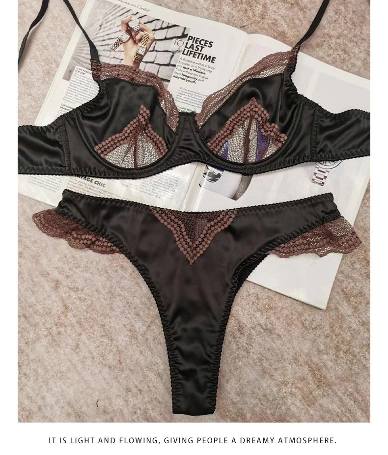 European and American Cross-Border Sexy French Lingerie Women Satin Lace Bra Large Bust Minimizer Anti-Sagging Lingerie Set