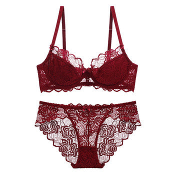European and American Sexy Bra Set Ultra-thin Semi-transparent Half Cup Lace Bra Small Chest Push-up Anti-sagging Plus Size Bra