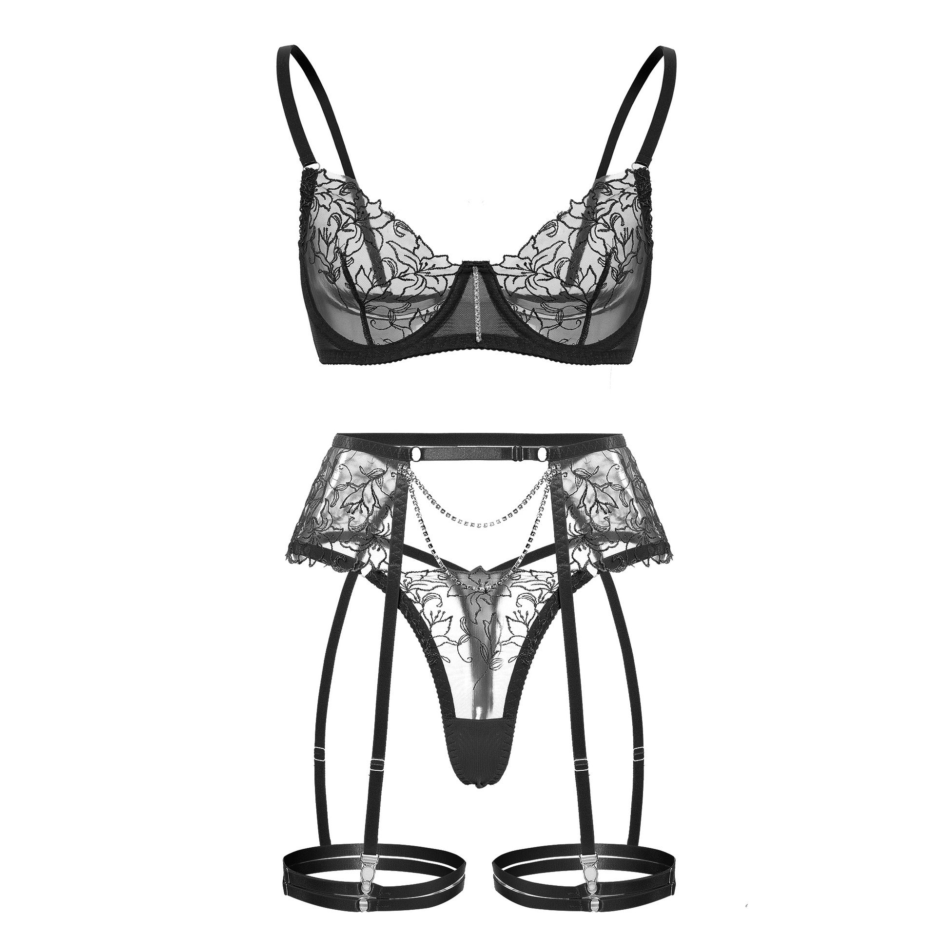 Cross-Border Amazon Hot-Selling Metal Chain Flower Embroidery Mesh Lingerie Transparent Sexy Lingerie Four-Piece Set