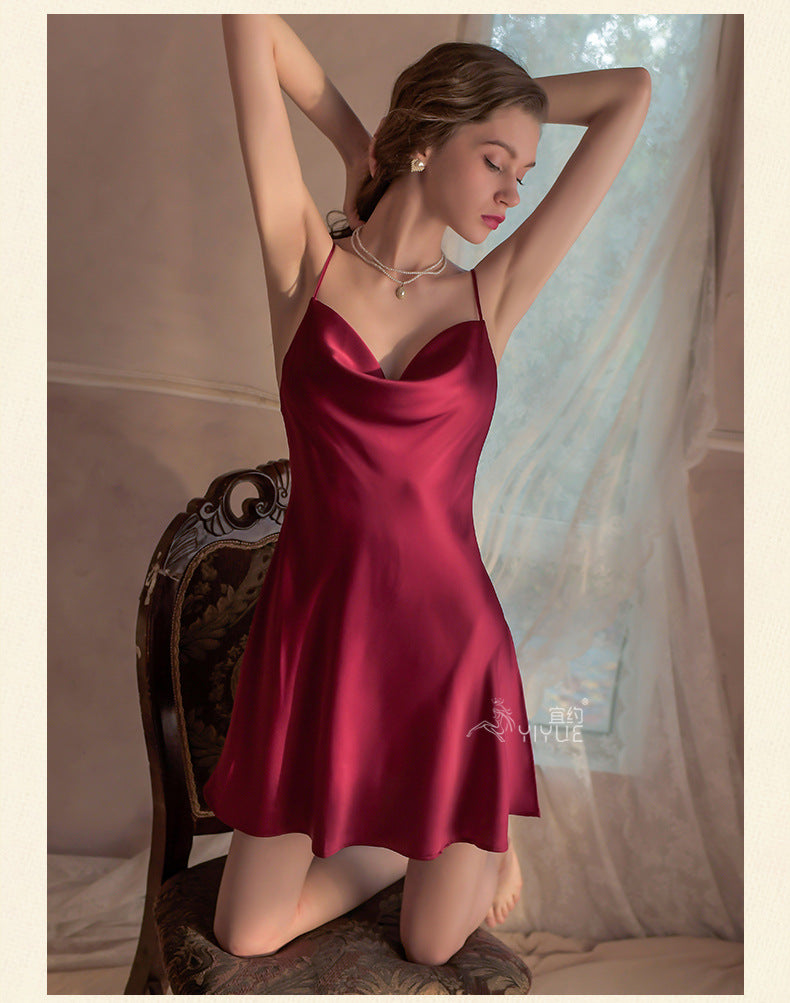 Yiyue New Sexy Nightdress for Women Hollow Out Satin Silky Homewear Erotic Lingerie Hot Strap Nightdress8358