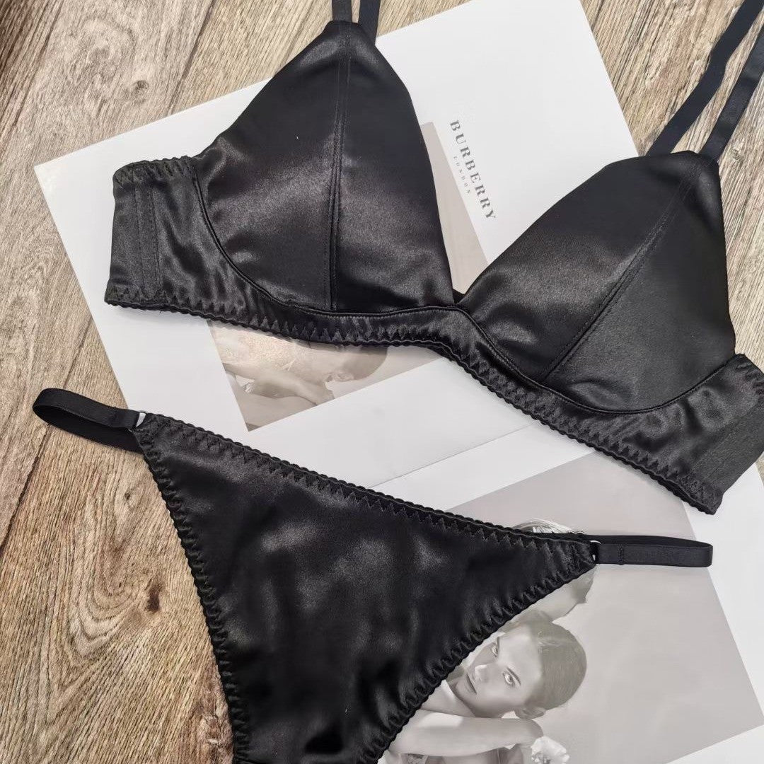 Cross-Border Hot-Selling Sexy Wireless Bra Thin Seamless Leopard Print Satin Large Bust Minimizing French Style Bra Two-Piece Set