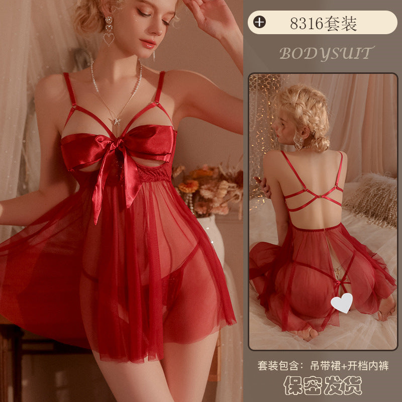 Yiyue Sexy Lingerie Plus Size Camisole Lace Temptation Nightdress Hollow Out Lace-up Sexy Hot Uniform Set8316