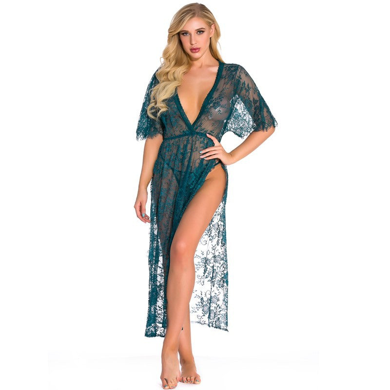 European and American Foreign Trade Women's Sexy Lingerie Long Lace Dress V Collared Three-quarter Sleeve Sexy Nightgown AliExpress Source Robe