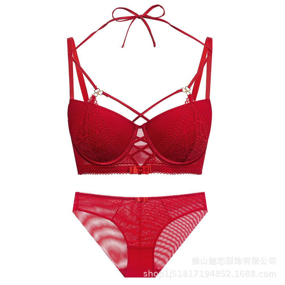Cross-Border European and American Style French Lingerie Sexy Lace Strap Design Large Bust Push-Up Anti-Sagging Bra Set