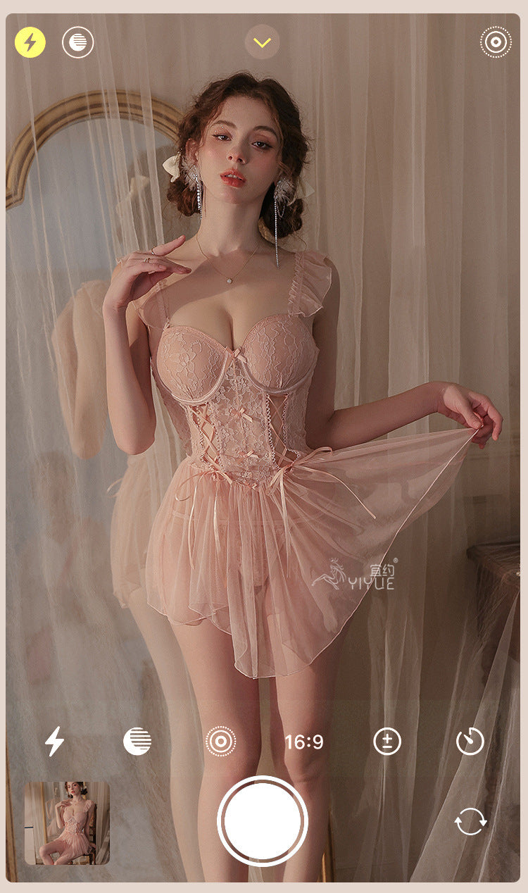 Yiyue Original Sexy Lace Temptation Push-Up Nightdress Pure Desire Erotic Lingerie Lace-Up Fishbone Corset Nightgown1075