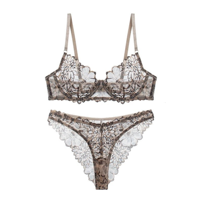 Cross-Border French Style Lingerie Sexy Ultra-Thin Leopard Print Lace Bra Set for Large Busts Minimizing Anti-Sagging