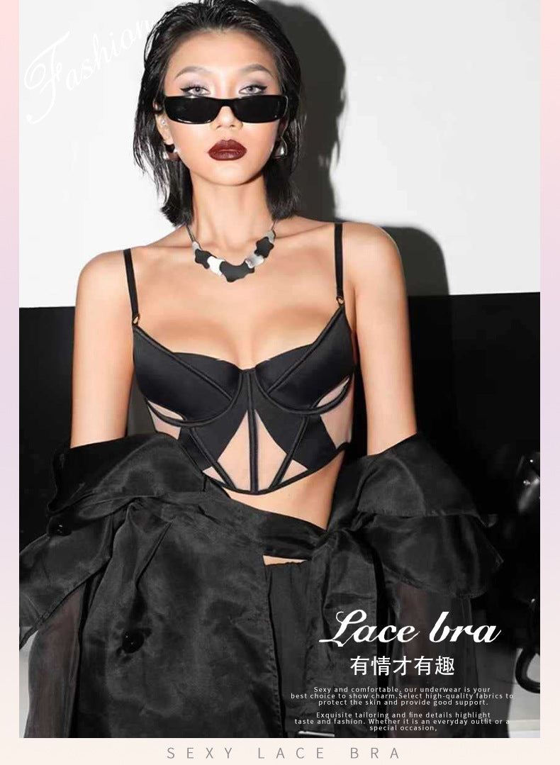 Cross-Border Sexy Lingerie for Women French Style Thin Cotton Smooth Mesh Fishbone Bra Set for Large Bust Minimizing Anti-Sagging Bra Set