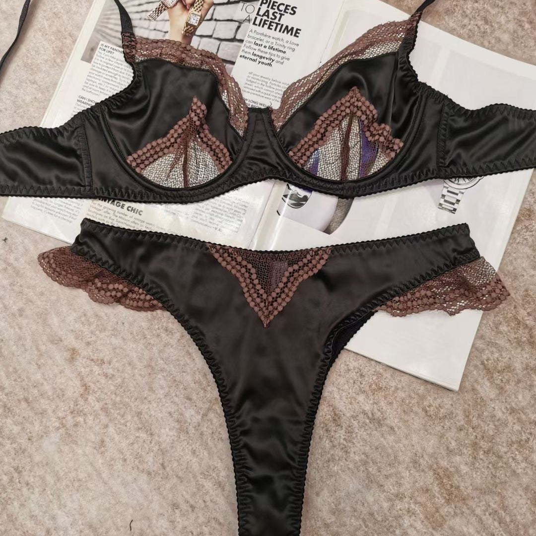 European and American Cross-Border French Style Lingerie Summer Sexy Ultra-Thin Mesh Patchwork Satin Lace Large Bust Minimizer Bra Set