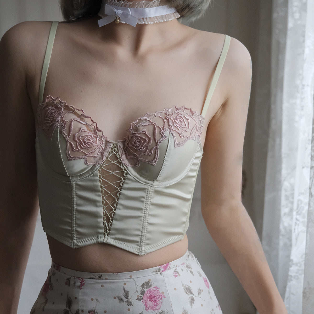 French Style Sexy Lingerie Summer Thin Retro Rose Fishbone Bra Vest Style Long Shaping Push-Up Bra