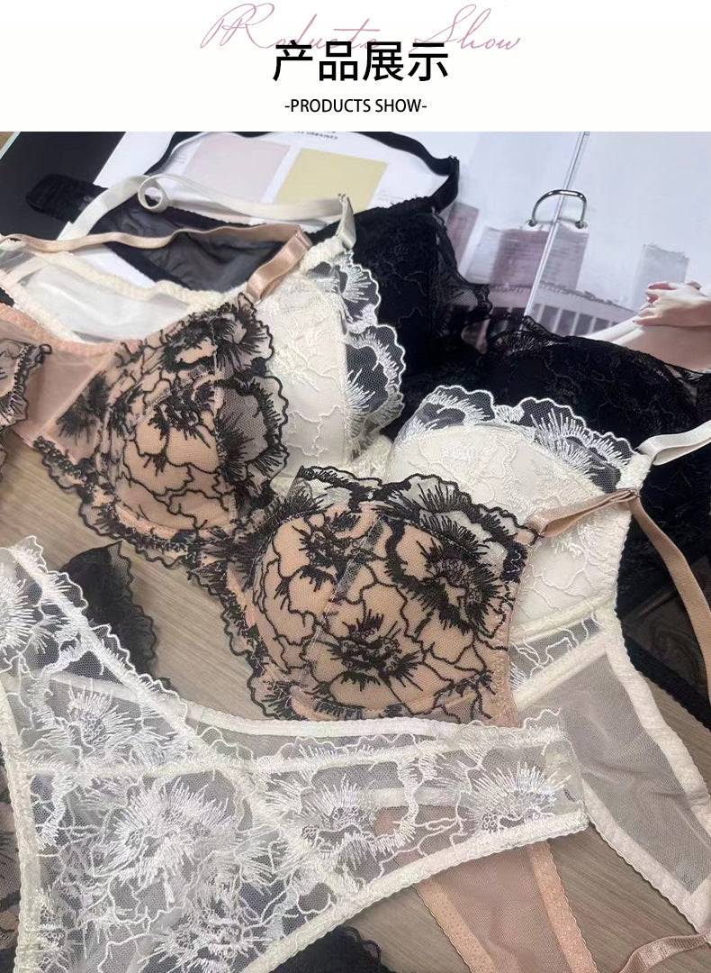 Cross-Border European and American Sexy Lingerie French Style Thin Jacquard Embroidery Lace Lingerie Large Bust Minimizer Anti-Sagging Bra