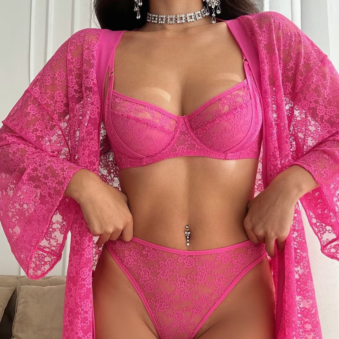 European and American French Style Sexy Lingerie for Women Ultra-thin See-through Lace Bra Set Large Bust Minimizer Anti-sagging Bra