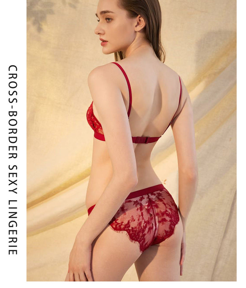 Cross-Border European and American Style Sexy Lingerie Thin Cotton Eyelash Lace Large Bust Minimizer Wireless Triangle Cup Bra Set