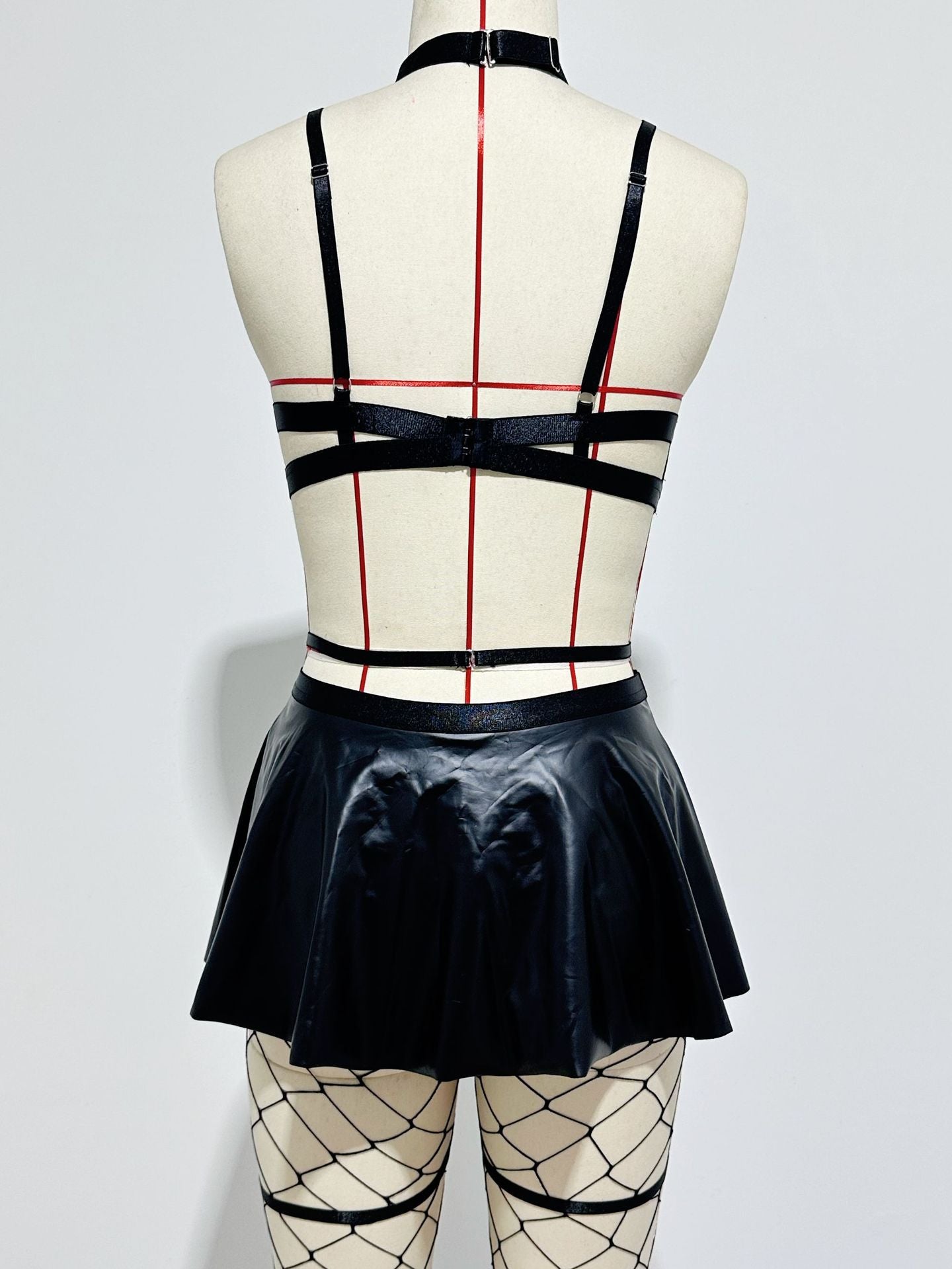 European and American AliExpress Hot-Selling Sexy Lingerie Solid Color Leather Skirt with Fishnet Stockings Tie-Up Push-Up Bra Set