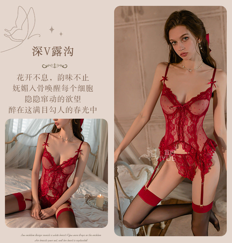 Yiyue Sexy Lingerie Lace Temptation Vest Garter Belt Women Push-Up No-Remove Sleepwear Flirting Set8980