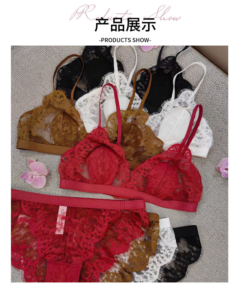 Cross-Border European and American Style Sexy Lingerie Thin Cotton Eyelash Lace Large Bust Minimizer Wireless Triangle Cup Bra Set