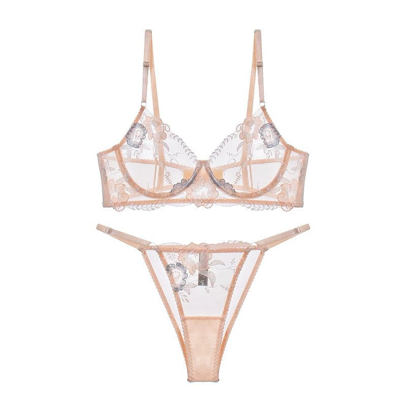 Cross-Border European and American French Style Lingerie Sexy Set Ultra-Thin See-Through Lace Bra Big Chest Minimizer Anti-Sagging Two-Piece Set