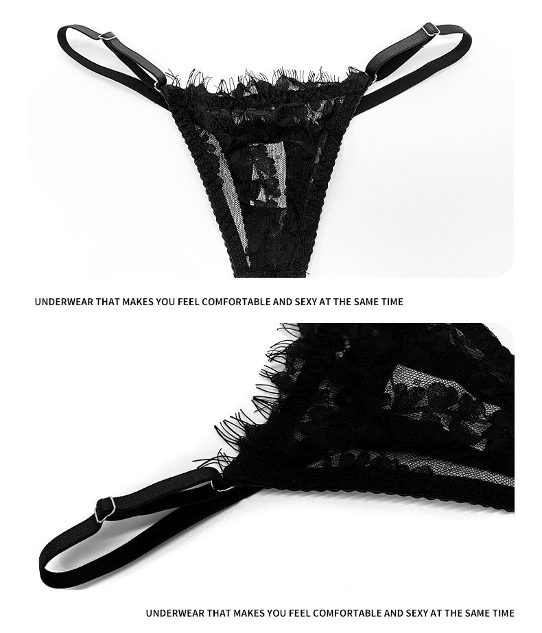 Amazon European and American French Style Sexy Lingerie Women's Ultra-Thin Embroidered Lace See-Through Temptation Thong Five-Piece Set