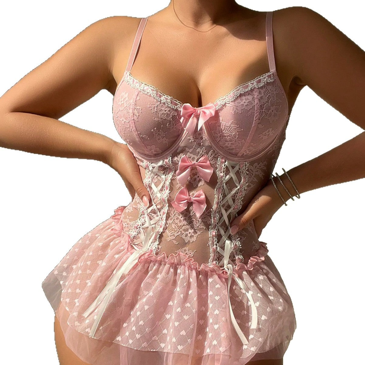 Amazon Foreign Trade Sexy Lingerie Bowknot Embroidery Lace Tie See-through Thong Nightdress Two-piece Set