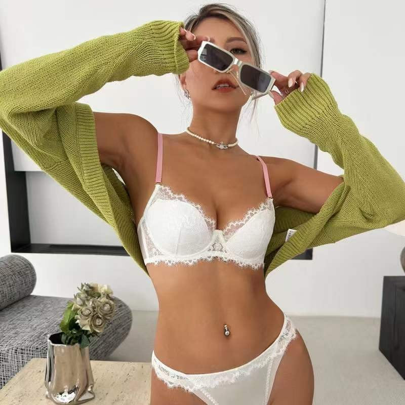 European and American Russian Hot-Selling Sexy Lingerie Lace Small Chest Enhancing Anti-Sagging Embroidered Color-Block Push-Up Bra Set