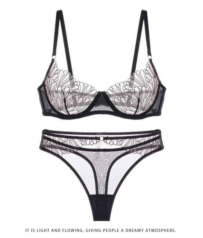 European and American French Style Sexy Lingerie for Women, Ultra-Thin Sheer Mesh, Large Bust Minimizer, Anti-Sagging Lace Bra Set