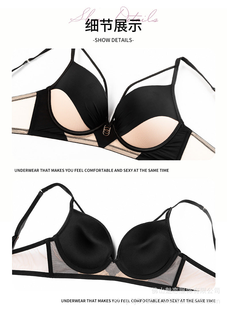 Amazon Cross-Border Sexy Lingerie Women's Satin Hollow Out Strap Small Chest Enhancing Push-Up Anti-Sagging Bra Set