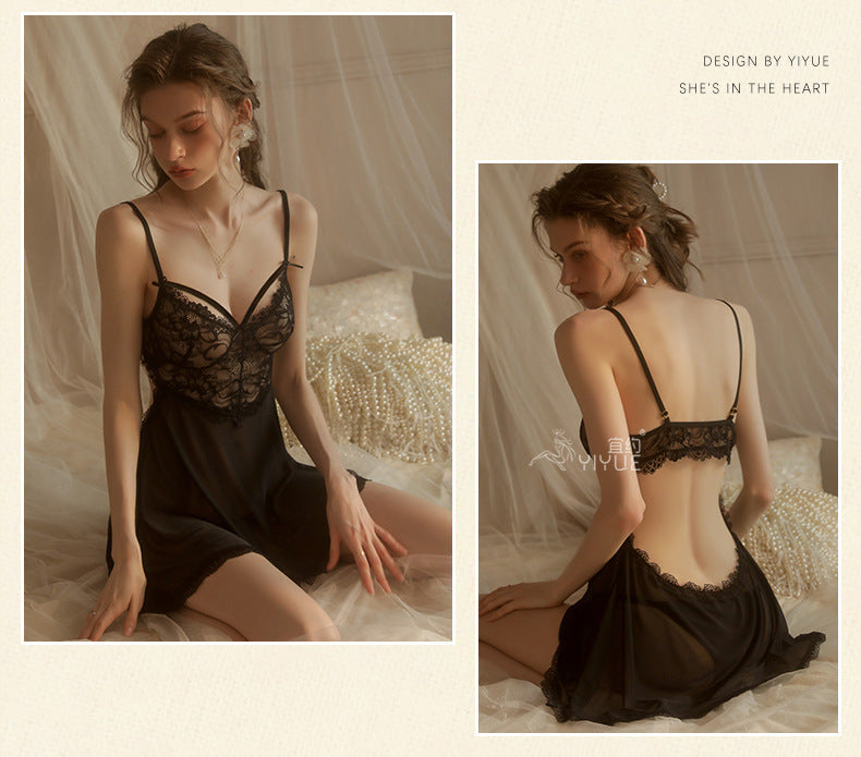 Yiyue Sexy Lingerie Sexy Strap Lace Temptation Nightdress Hot See-through Mesh Plus Size Nightgown Set8449