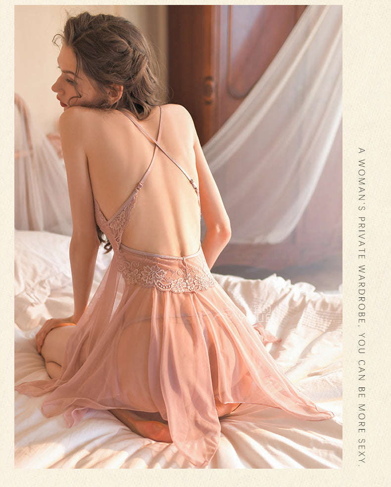 Yiyue Sexy Lace Temptation Strap Nightdress Women's Thin Transparent Mesh Nightgown Hot Erotic Lingerie8453