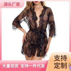 New Style Sexy Lingerie Transparent Mesh Lace Nightdress Uniform Temptation Bathrobe