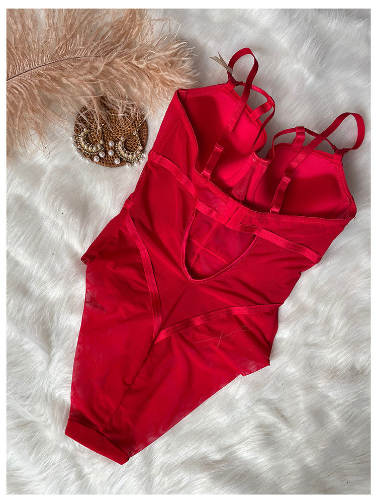 European and American New Sexy Temptation Lace Bra Tight-Fitting Push-Up Micro Shaping Bodysuit French Slimming One-Piece Lingerie